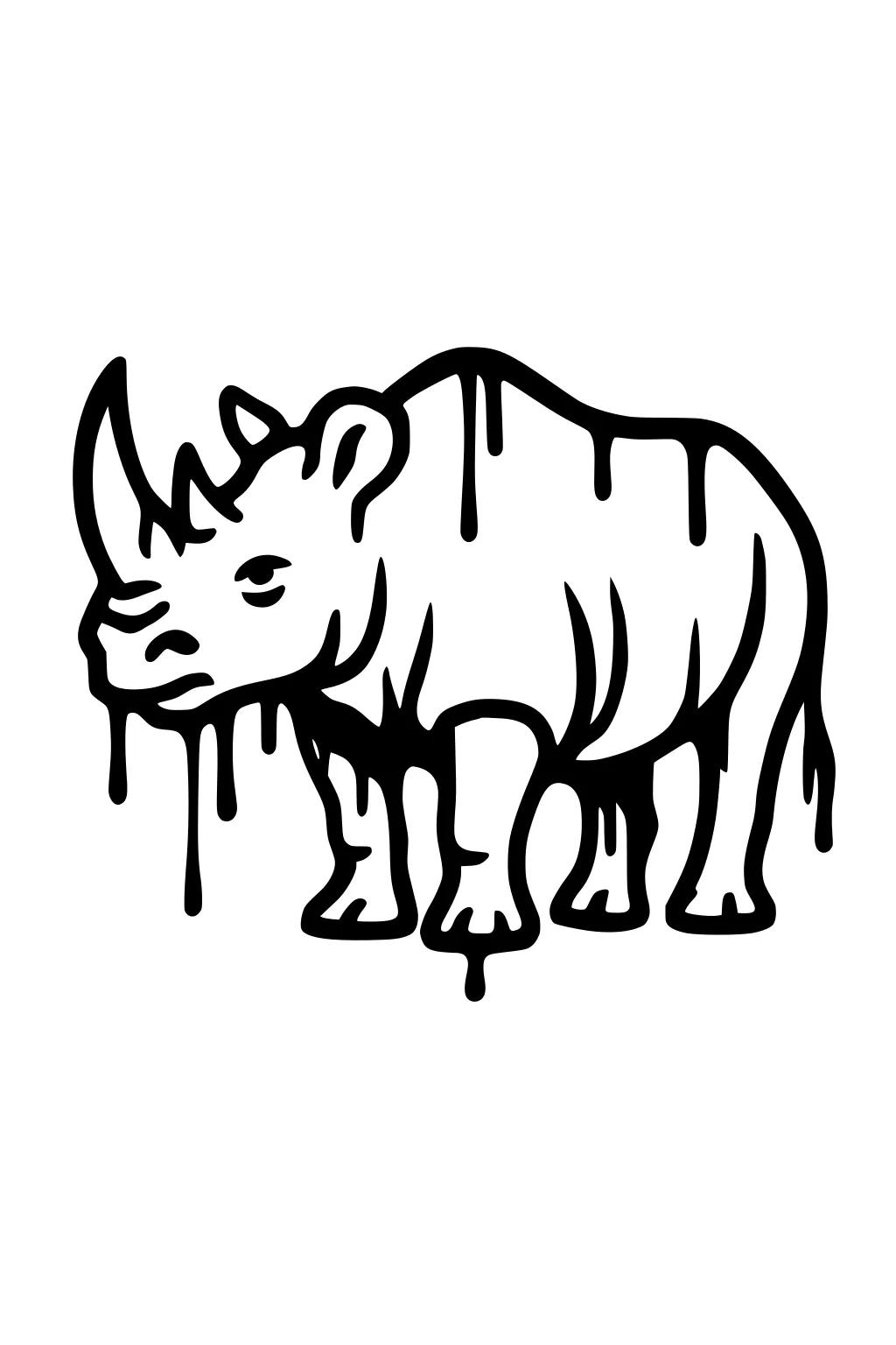 Rhinoceros with thick outlines and dripping black lines on legs, body, and horn. No background.