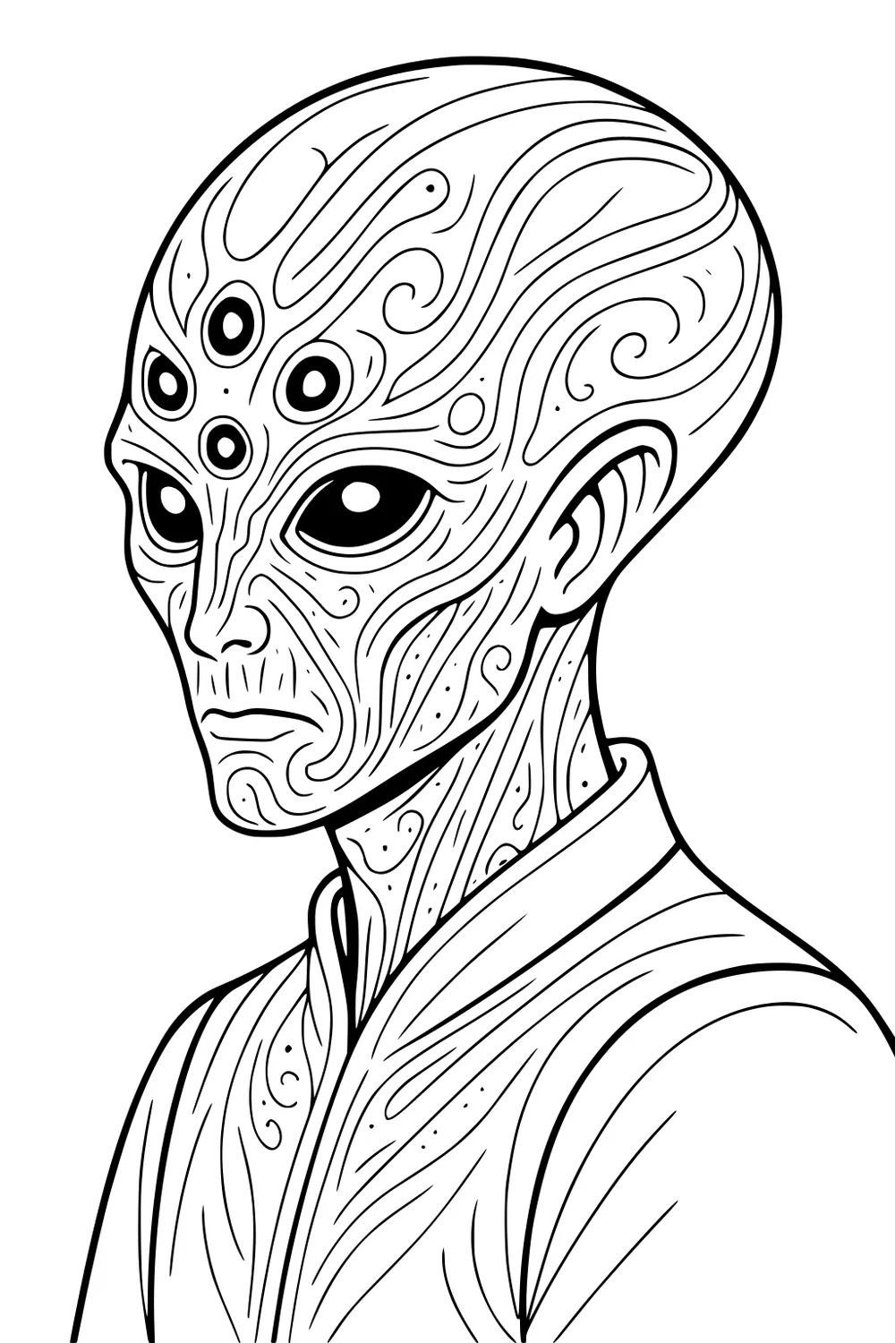 Portrait of a multi-eyed alien with large eyes, bald head of swirly lines, and a high-collared robe in clean black outlines.