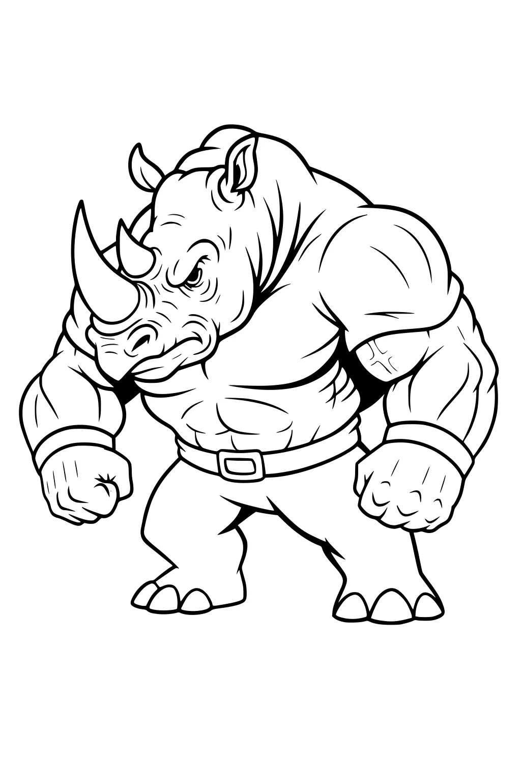 Muscular cartoon rhinoceros with big fists, pants, and a belt stands upright looking determined.