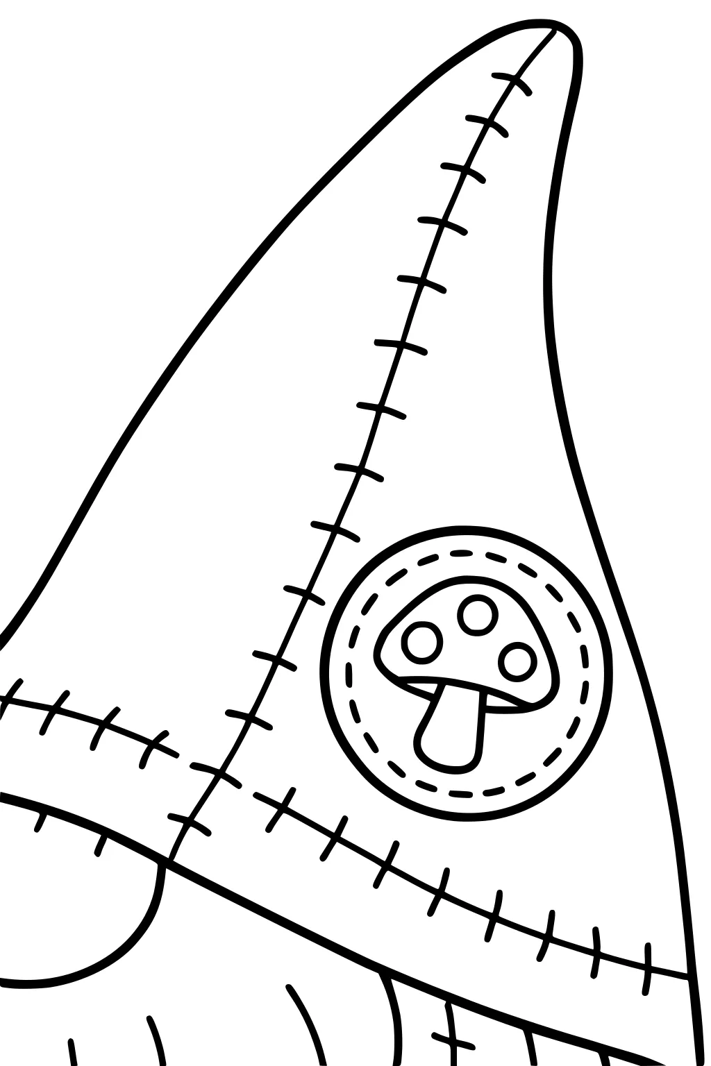Close-up gnome with tall stitched hat and round mushroom patch; nose and beard peek at bottom in bold simple lines.