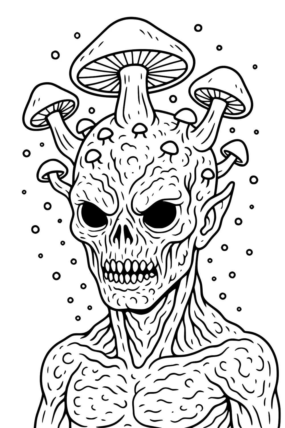 Alien boy with mushrooms growing from his head, big dark eyes, pointy ears, bumpy torso, and floating dots around him.