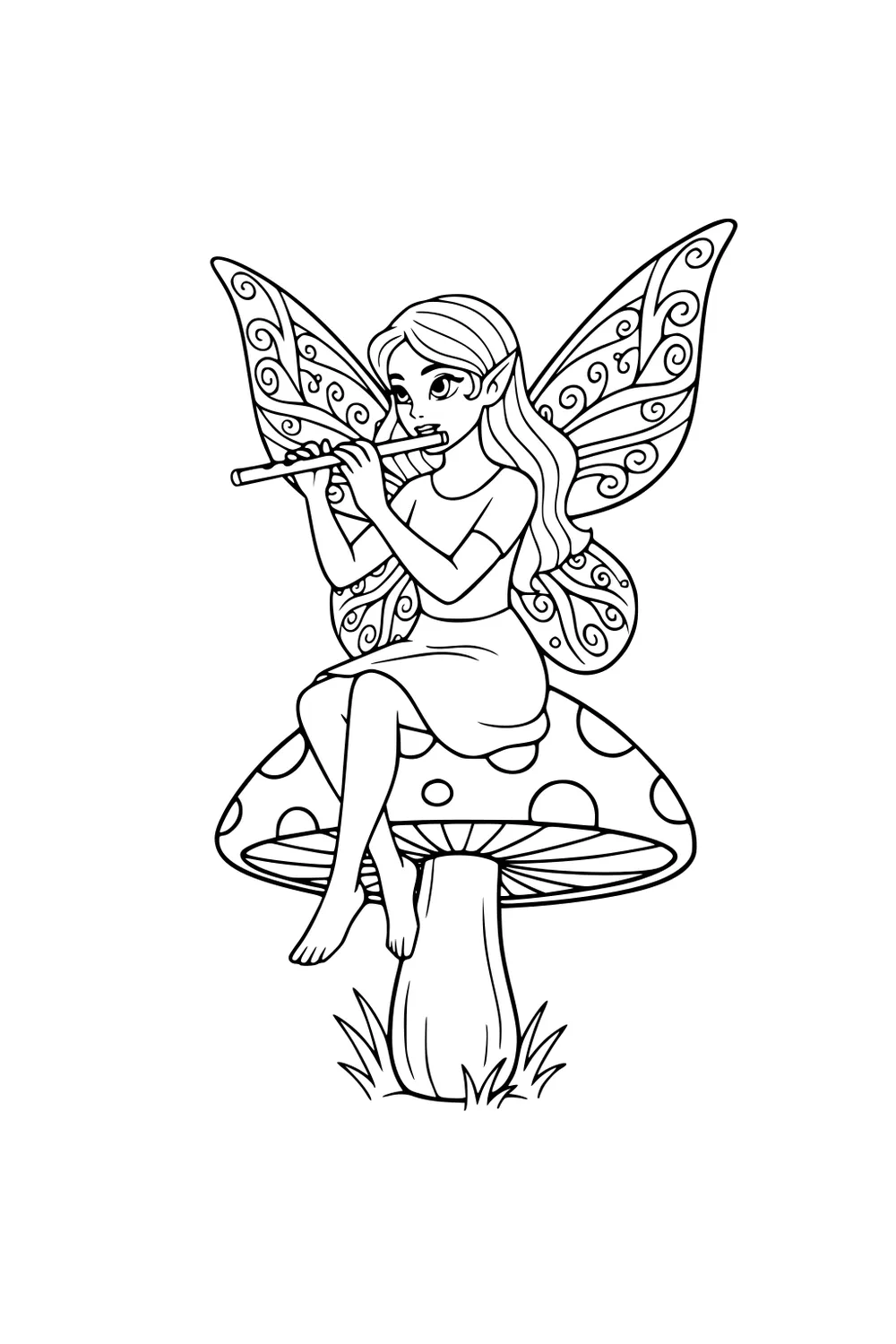 Fairy girl with patterned wings plays a flute while sitting barefoot on a spotted mushroom, long hair flowing, grass at base.