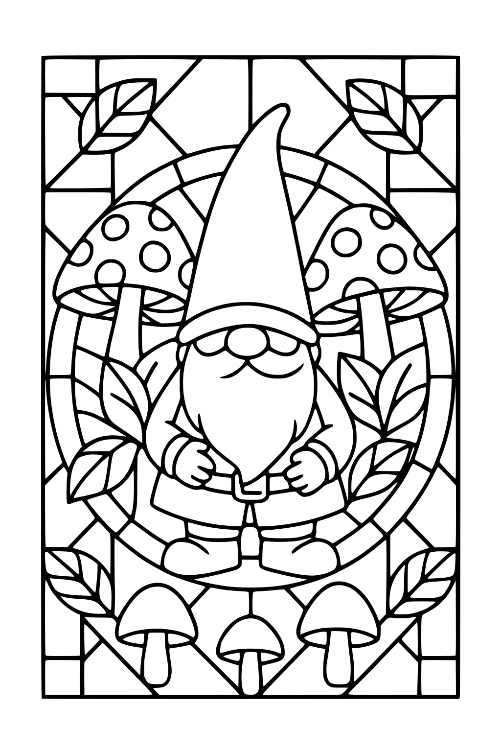 Bearded gnome with tall hat between spotted mushrooms and leaves, inside a circular stained-glass border.