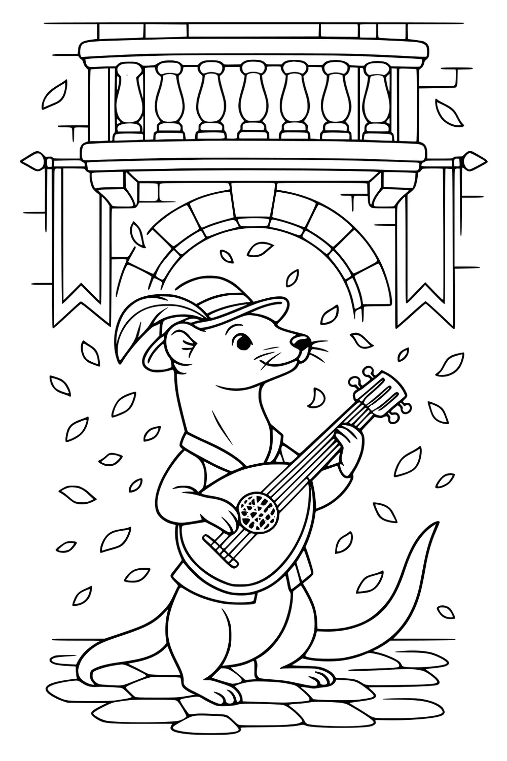 Weasel wearing a hat and vest playing a lute, standing on cobblestones with falling leaves and a balcony in the background.