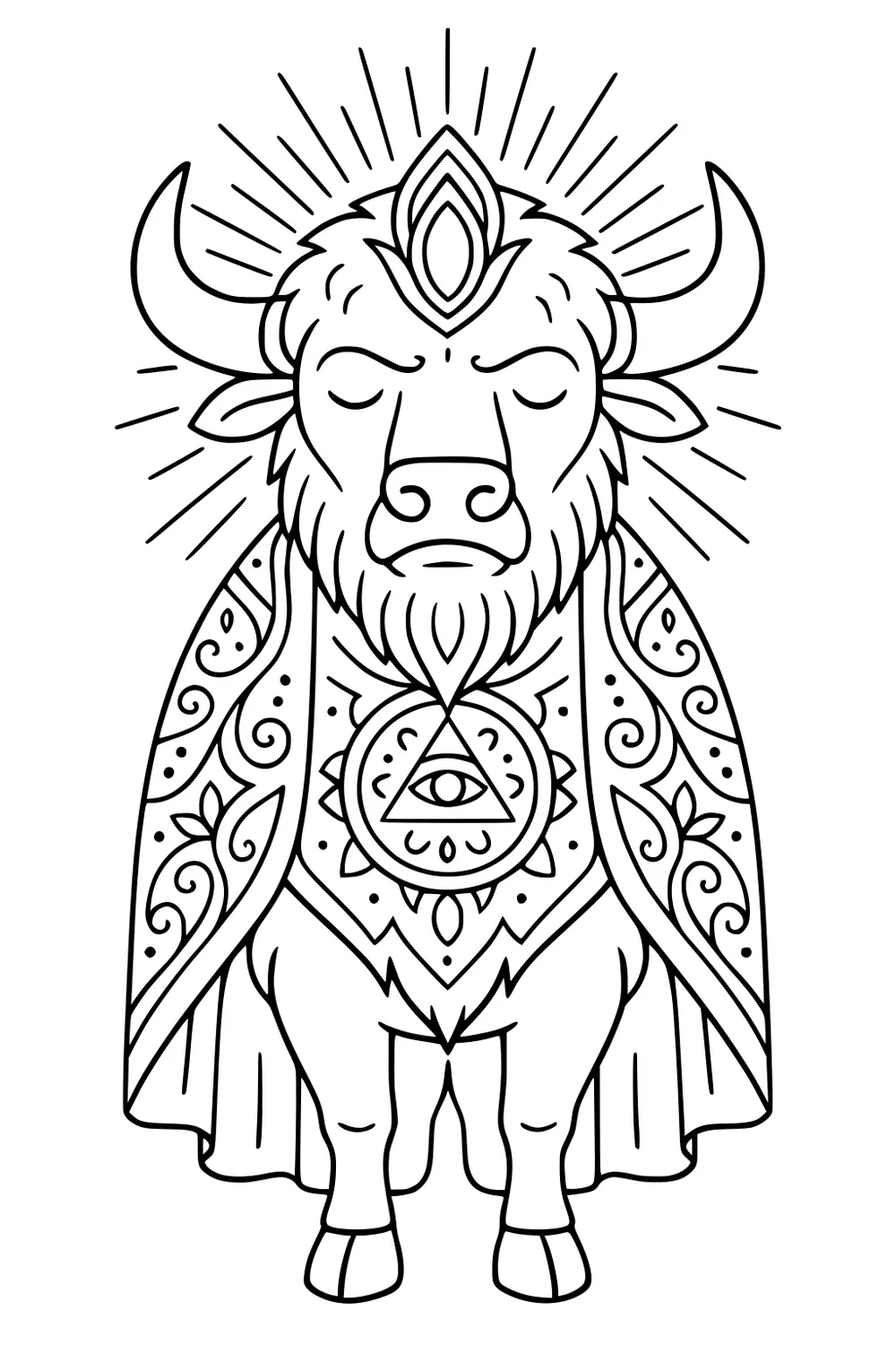 Buffalo with closed eyes wearing a patterned cape and jewel, surrounded by rays and mystical symbols.