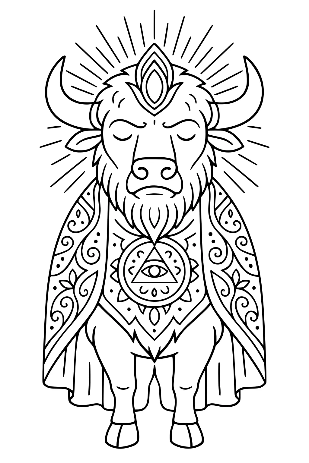 Buffalo with closed eyes wearing a patterned cape and jewel, surrounded by rays and mystical symbols.