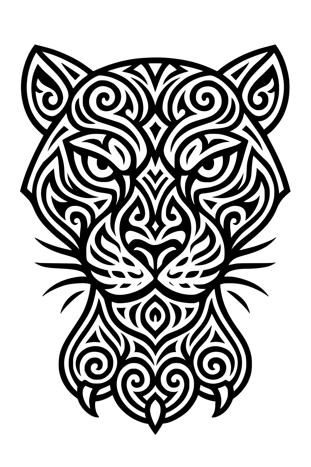 Panther head with swirling black line patterns and detailed facial features.