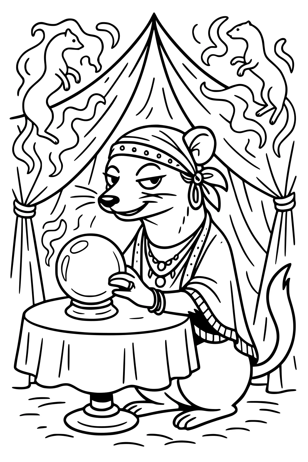Weasel in fortune teller outfit with crystal ball at table, inside a tent with ghostly weasel shapes on drapes.
