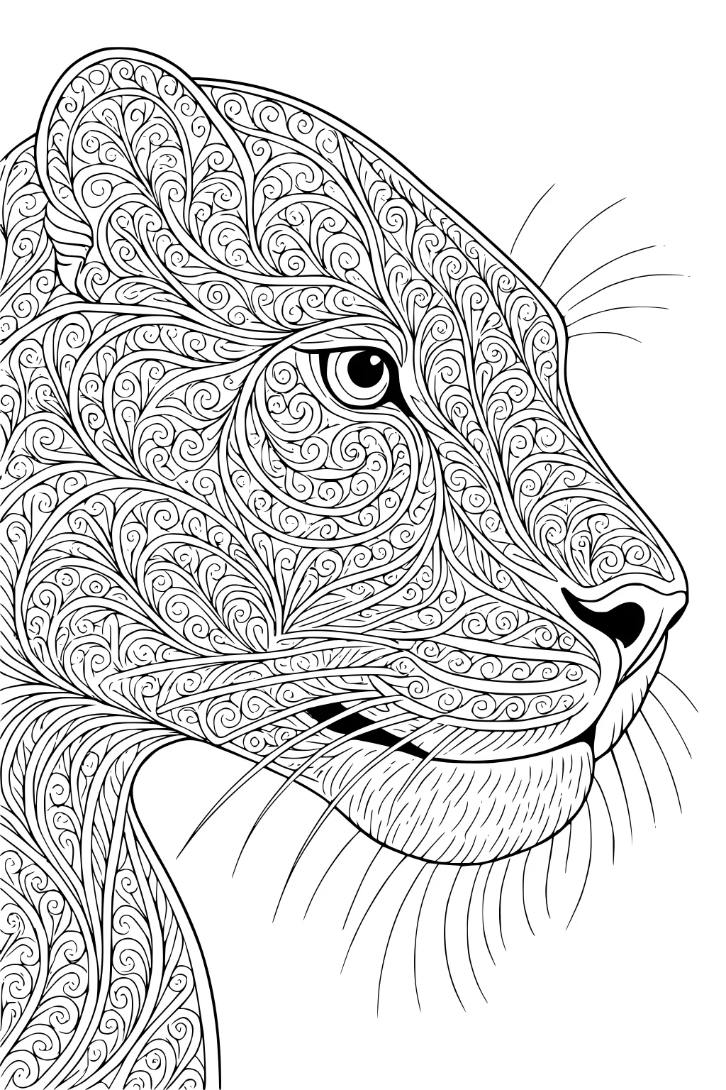 Panther head in profile with swirly and leafy line patterns etched into the fur, large eye, and detailed whiskers.