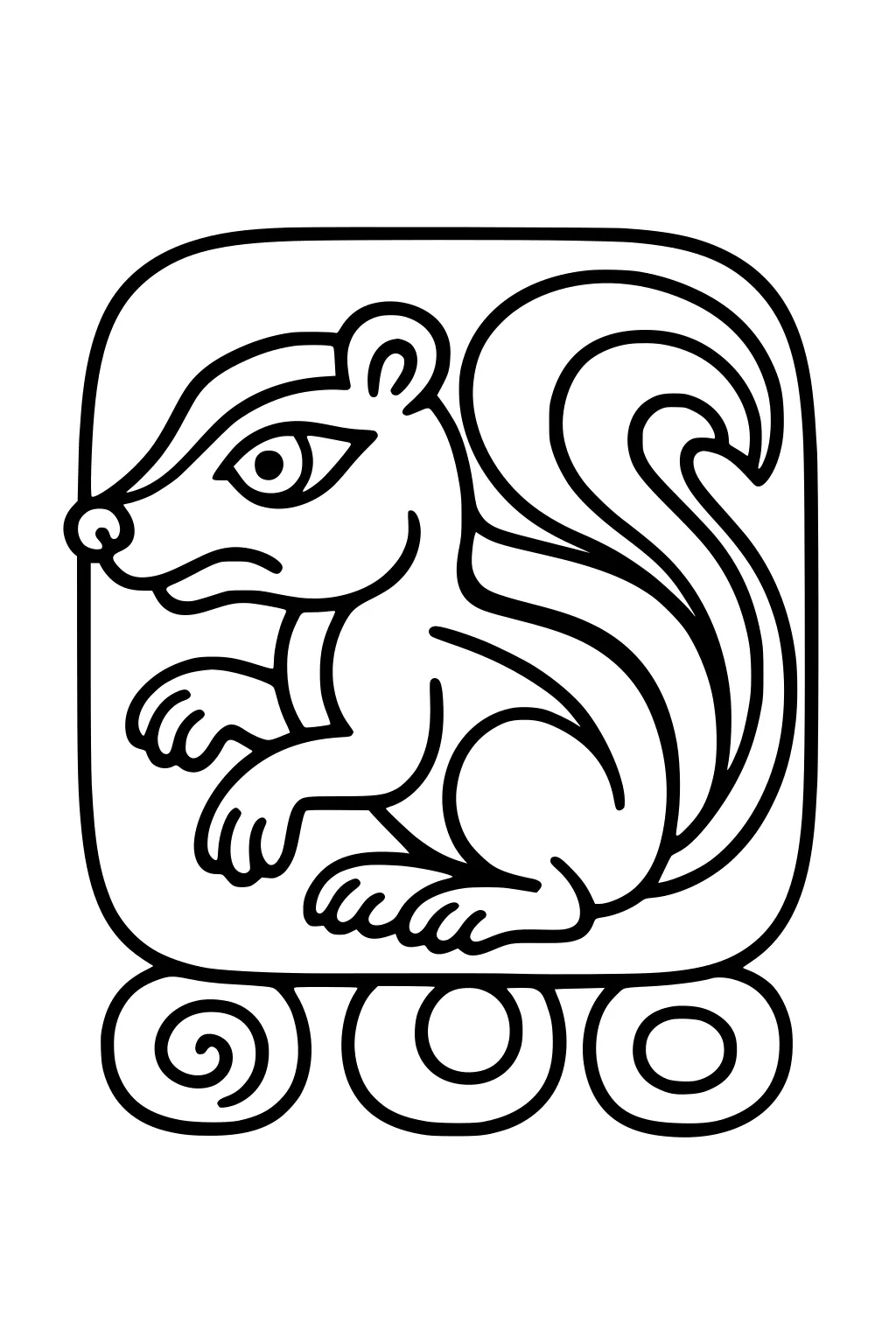 Outlined skunk with curved tail and stripes, sitting in a rounded square with three spiral circles underneath.