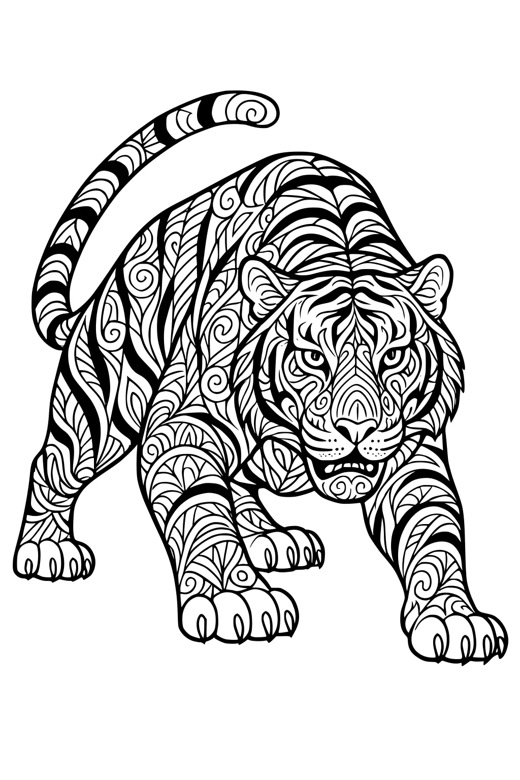 Tiger with ornate swirling and striped patterns walking forward, tail curved, mouth open, and detailed paws.