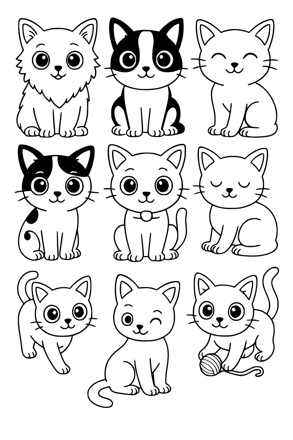 Nine cartoon kittens with big eyes, various fur patterns, some sitting, some playing, in three rows.