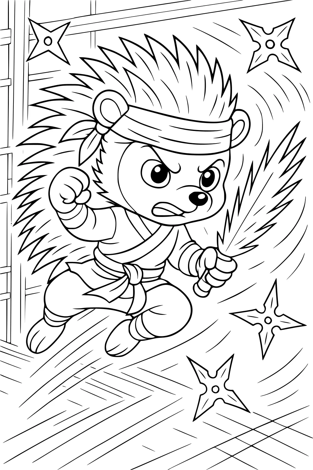 Hedgehog ninja jumping with sword and headband, dodging flying ninja stars in a wooden dojo setting.