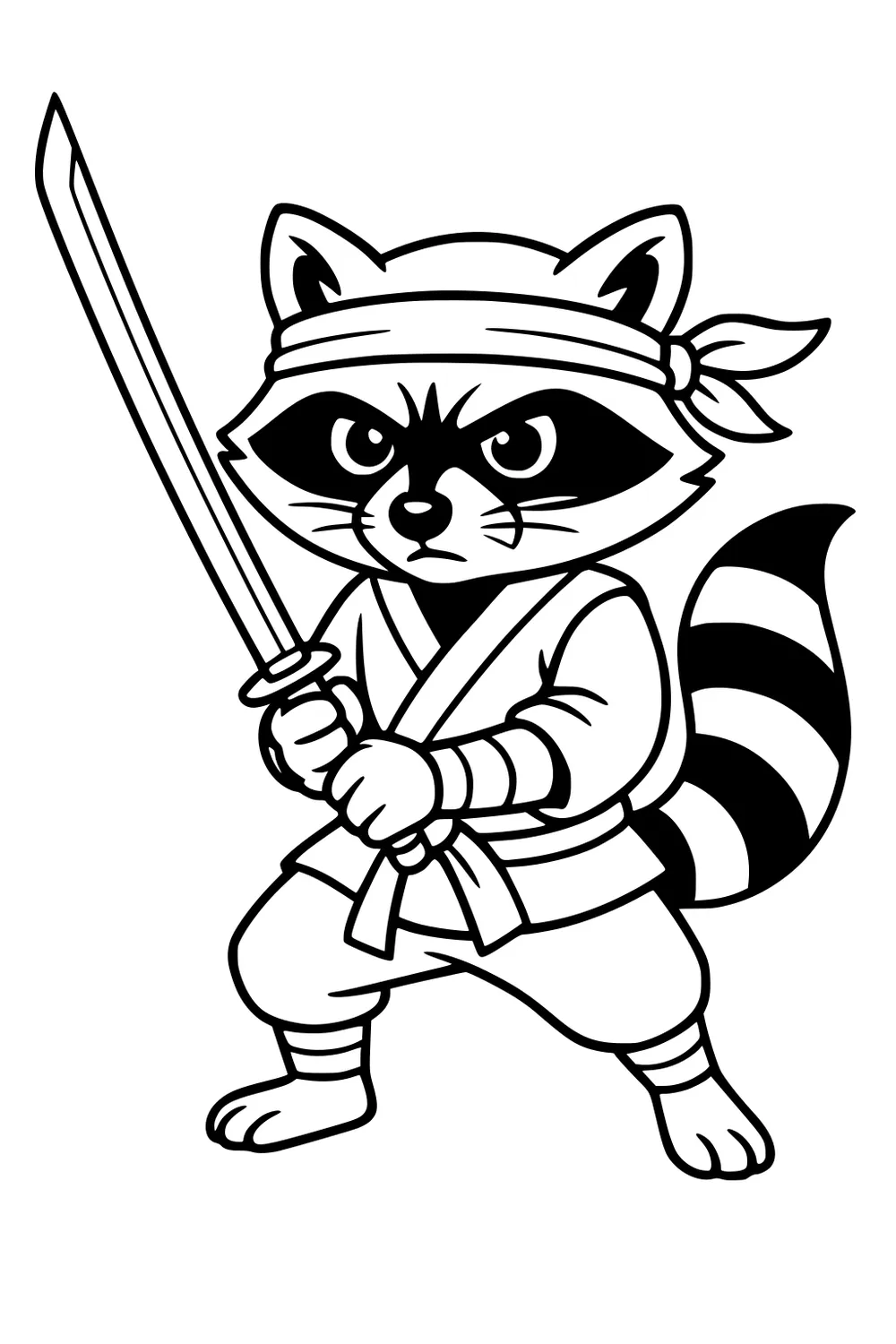 A raccoon wearing a kimono and headband holds a sword and stands in a ninja stance with a striped tail visible.