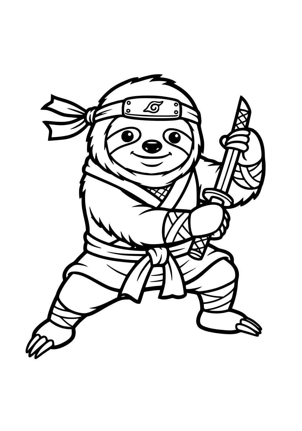 A smiling sloth in a ninja outfit stands holding a sword with both hands, legs apart, headband on, looking playful.