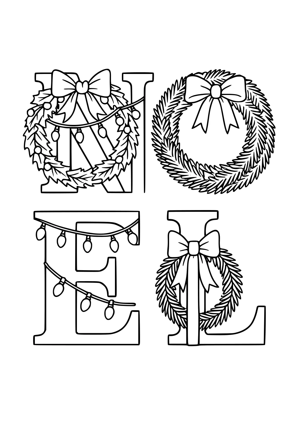 NOEL letters decorated with pine wreaths, big bows, and hanging Christmas lights, arranged in a grid with bold outlines for coloring.