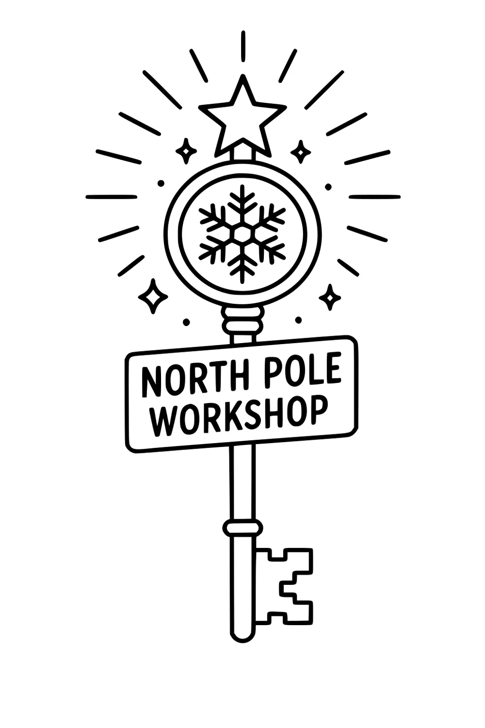 Key with star top, snowflake circle, and sign reading NORTH POLE WORKSHOP, with sparkles and rays in Christmas line art.
