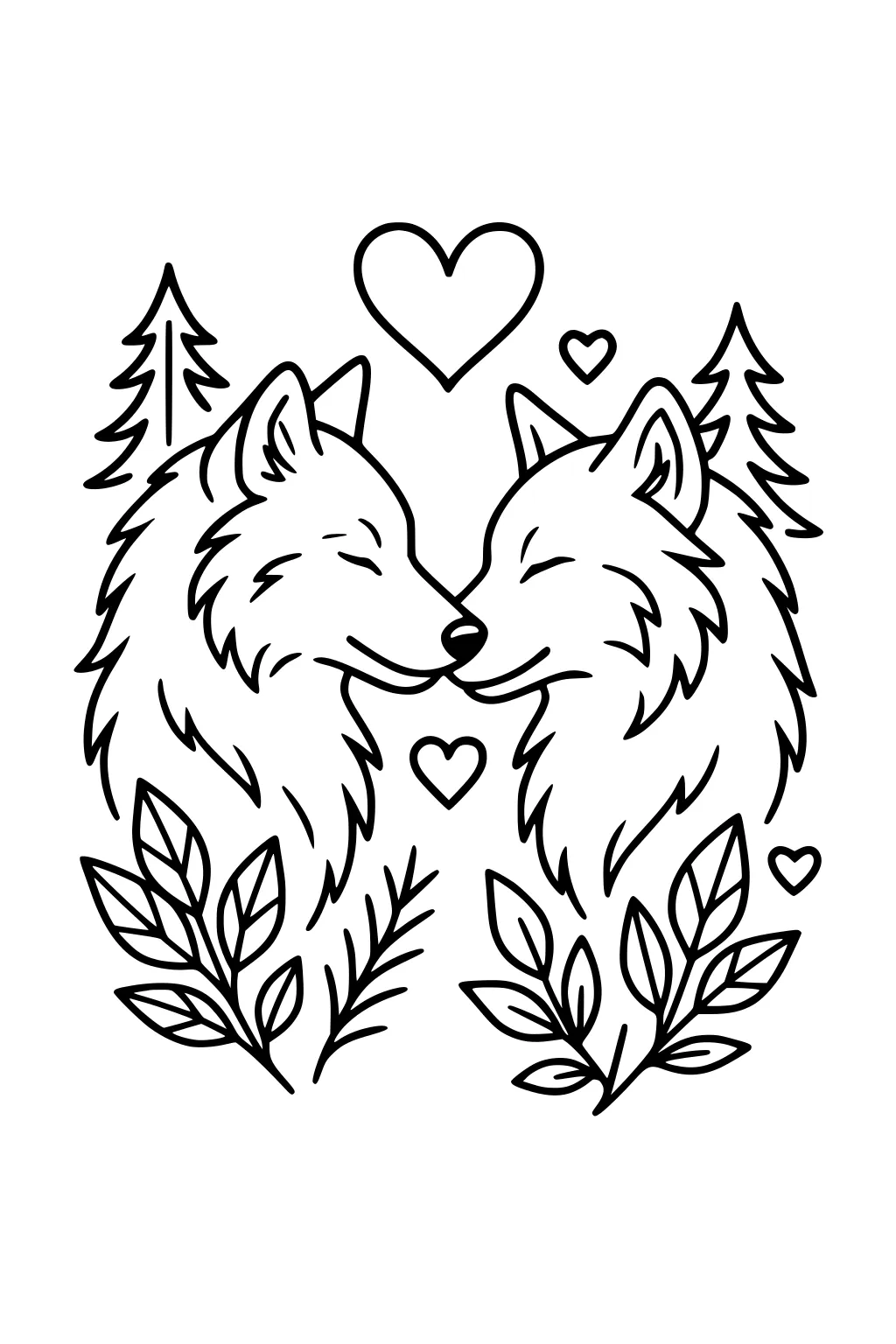 Two line-art wolves touch noses, eyes closed, with hearts above, pine trees behind, and leafy branches below.