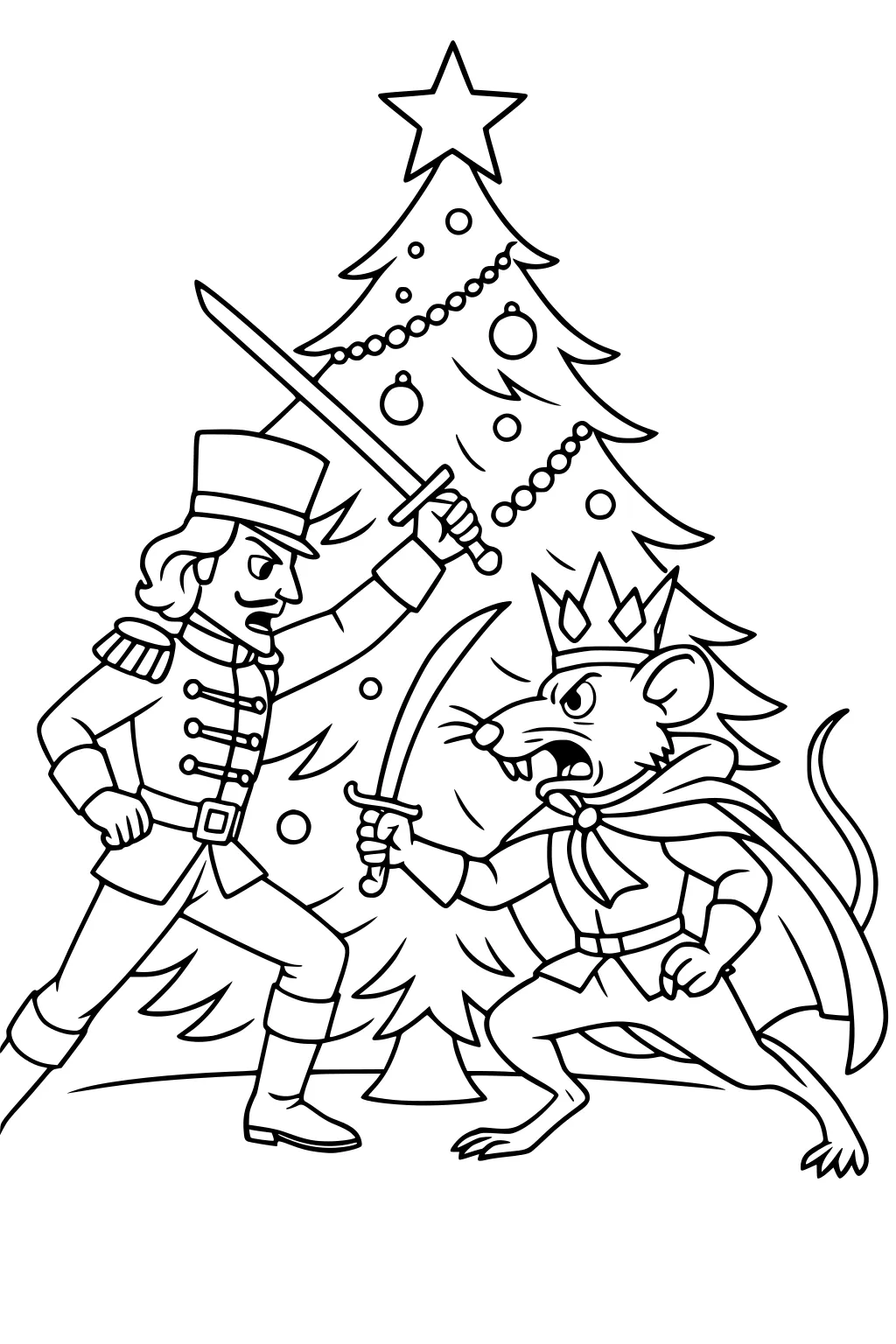 Nutcracker soldier duels the crowned Mouse King before a star-topped Christmas tree with ornaments and garland.