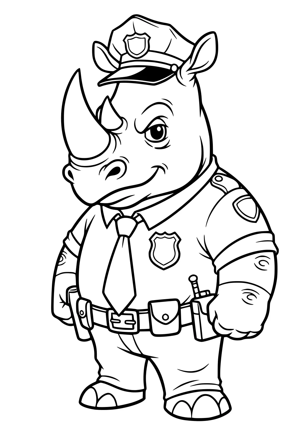 Cartoon rhinoceros dressed as a police officer with badge, tie, belt, and hat, smiling and standing proudly.