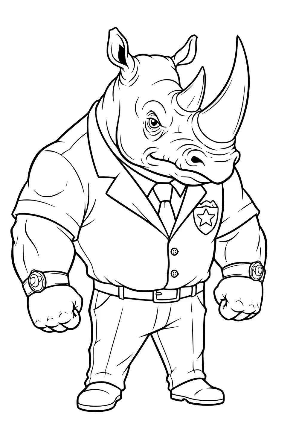 Cartoon rhinoceros in suit and tie with badge, fists clenched, standing upright with a confident expression.