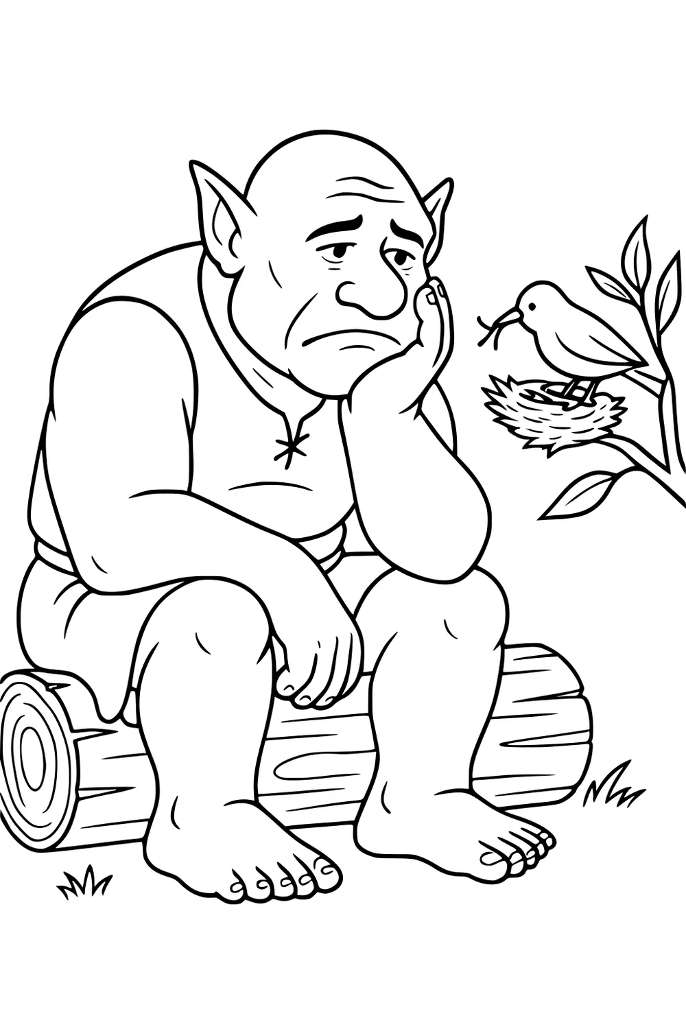 Sad ogre on a log, resting his cheek on his hand, watching a small bird at a nest on a leafy branch with grass below.