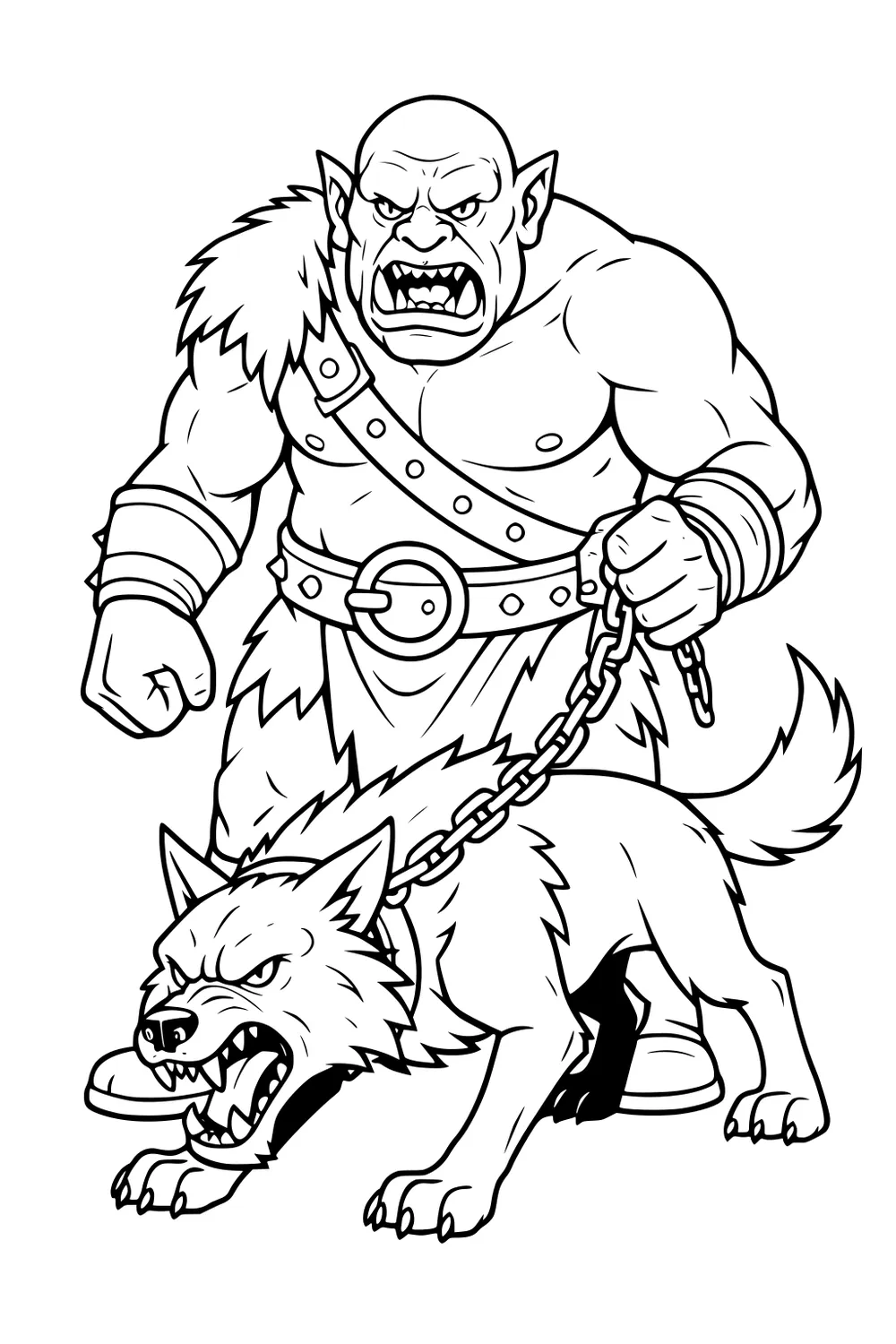 Ogre in fur and leather holds a chain leash attached to a snarling wolf, both facing forward with bold outlines.
