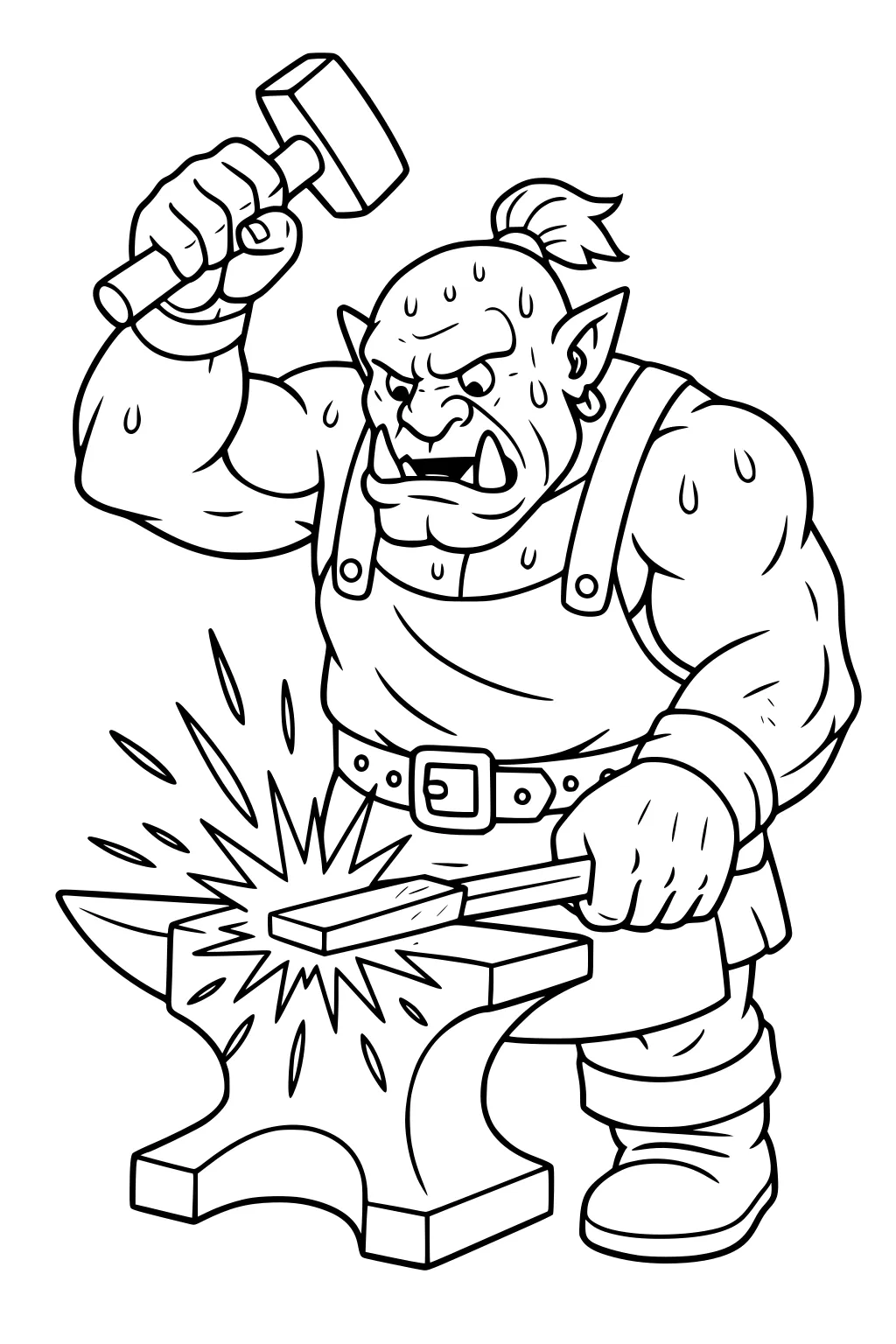 Ogre blacksmith sweating while hammering metal on an anvil, sparks flying, wearing apron, belt, boots, with tusks and a small ponytail.