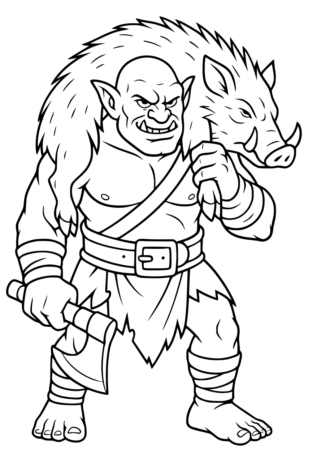 Ogre with boar pelt on shoulders, grinning, holding a small axe, barefoot with belt, wrist wraps, and a ragged skirt.