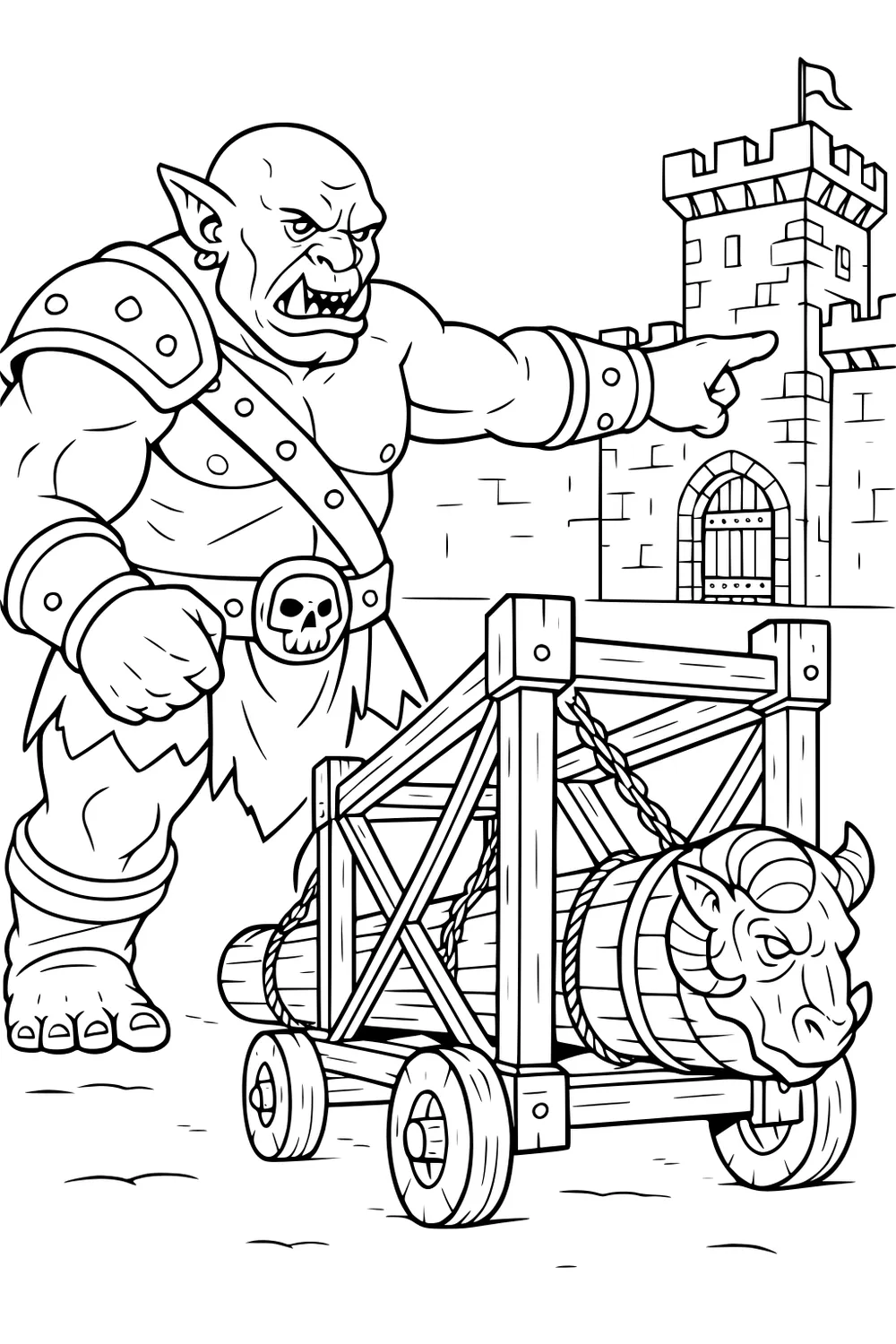 Armored ogre points at a castle next to a wheeled battering ram with ram head; stone wall, gate, flag, and wood beams.