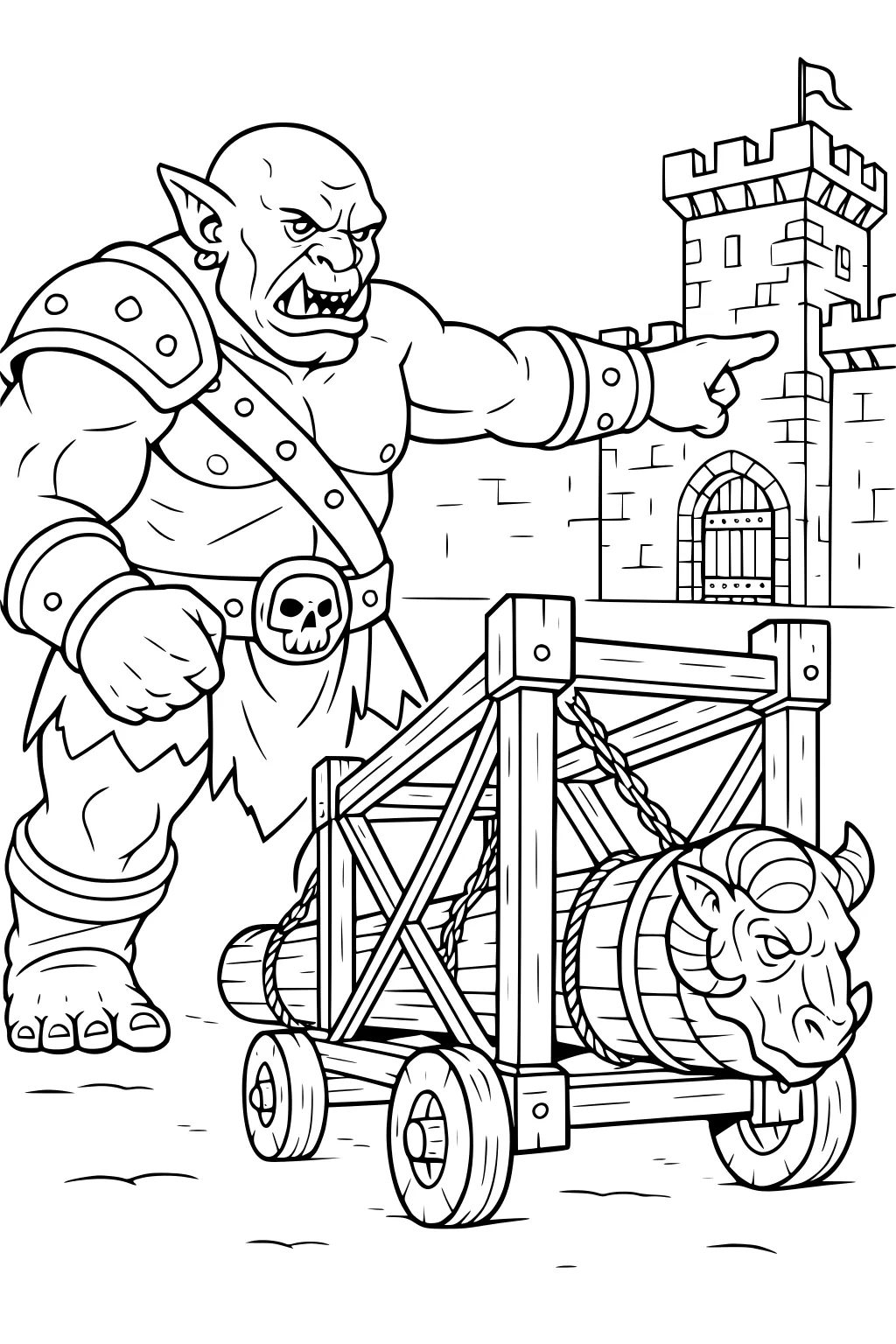 Armored ogre points at a castle next to a wheeled battering ram with ram head; stone wall, gate, flag, and wood beams.