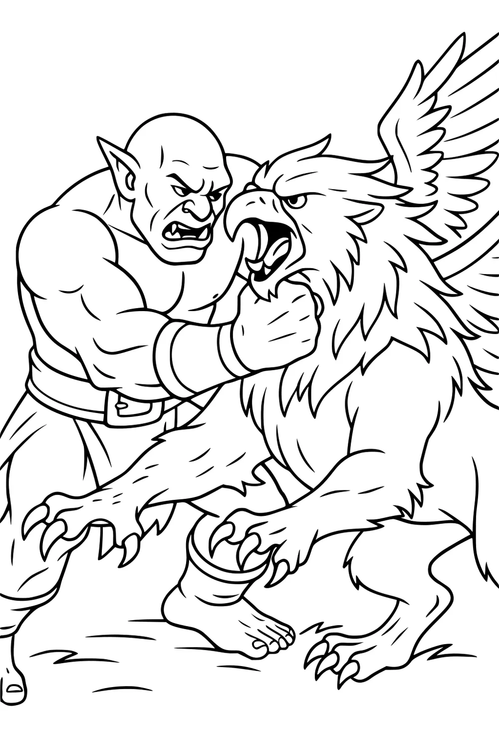 Ogre gripping a griffin's beak as the winged beast raises claws; bold lines show feathers, muscles, and a bare foot.