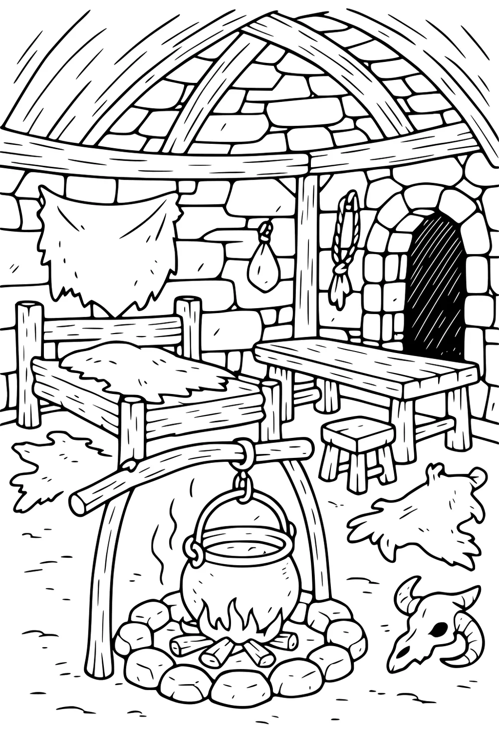Ogre hut interior with stone walls, cauldron over fire, wooden bed with fur, table, stool, arched doorway, rugs, and horned skull.