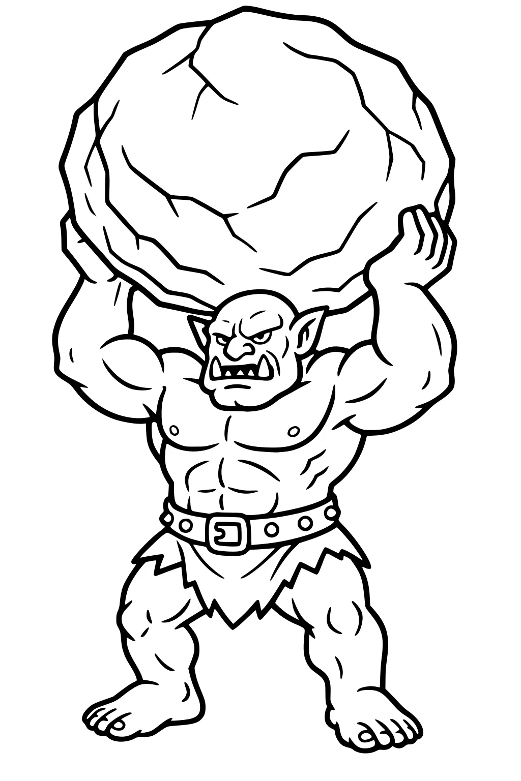 Muscular ogre lifts a huge boulder overhead, snarling, with belt and ragged skirt, bare feet, bold comic outlines.