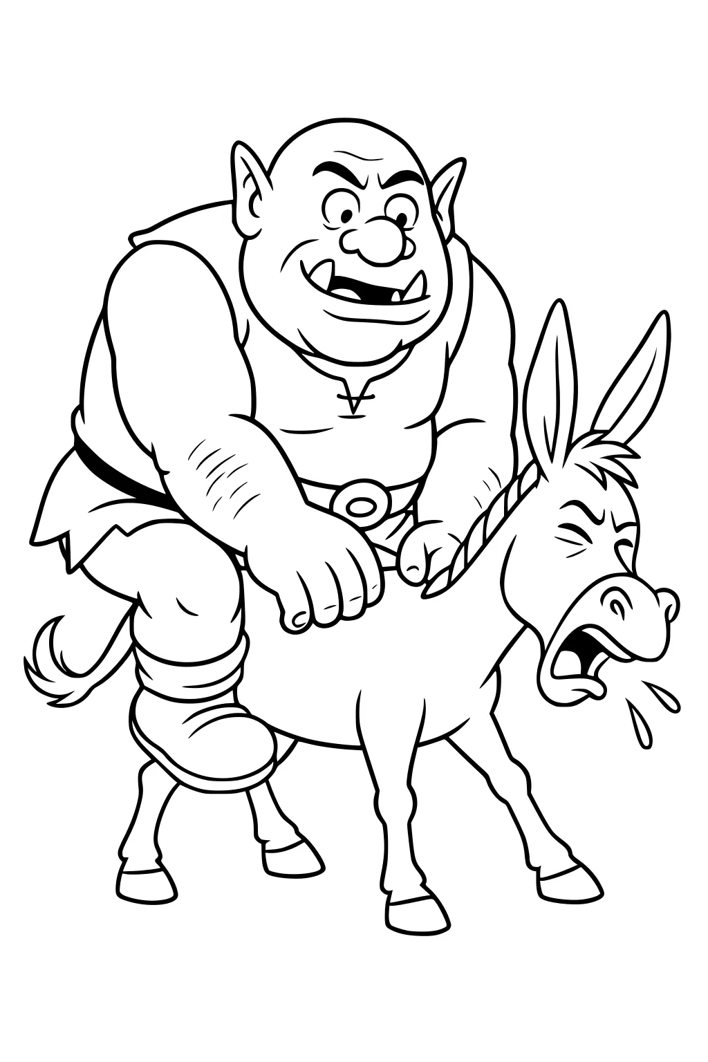 Cartoon ogre with tusks riding a small braying donkey, gripping rope reins; donkey eyes shut, mouth open, droplets flying.