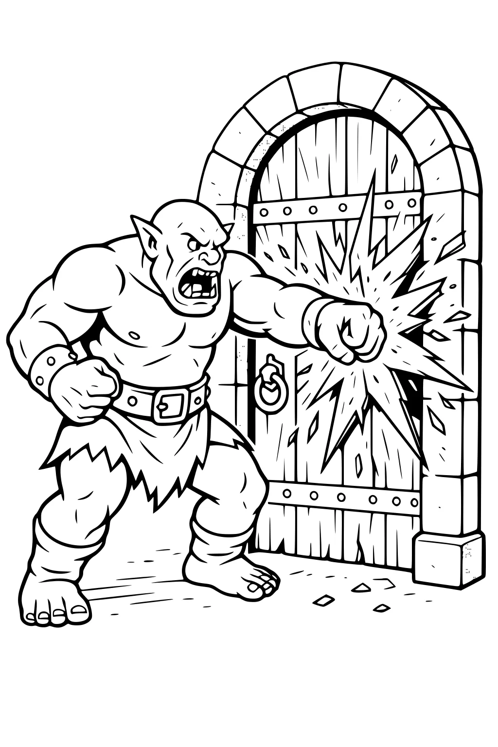 Ogre punches a wooden castle door under a stone arch; splinters fly, iron ring knocker shakes, belt and ragged skirt, debris on floor.