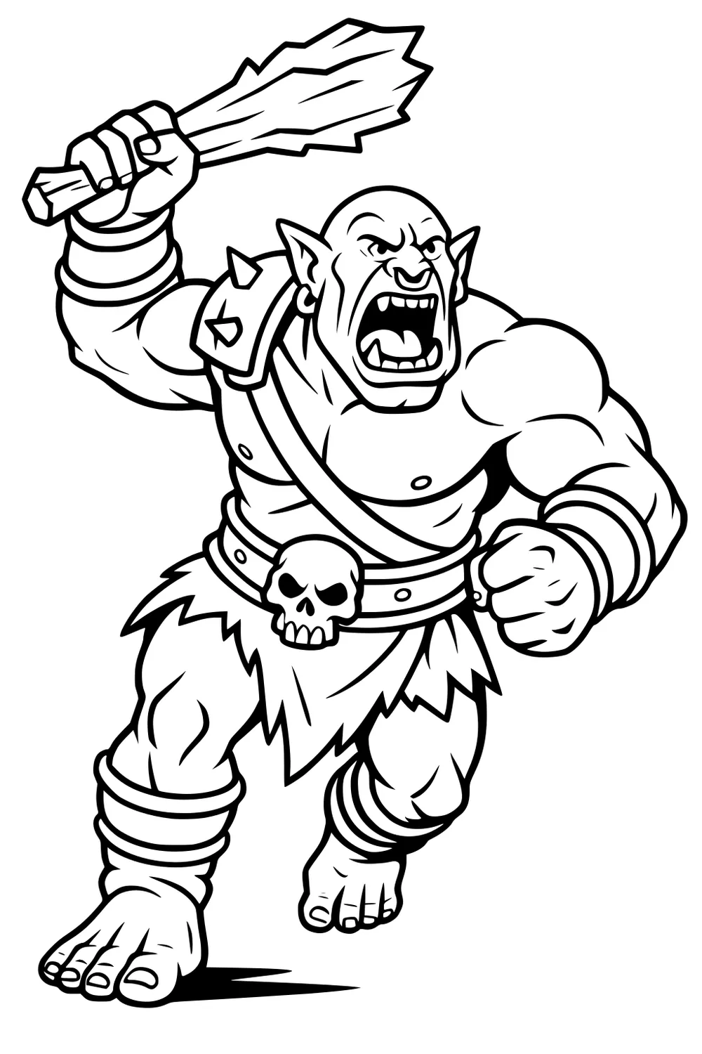 Cartoon ogre runs with spiky wooden club, roaring, wearing skull belt, shoulder armor, wristbands, and bare feet.