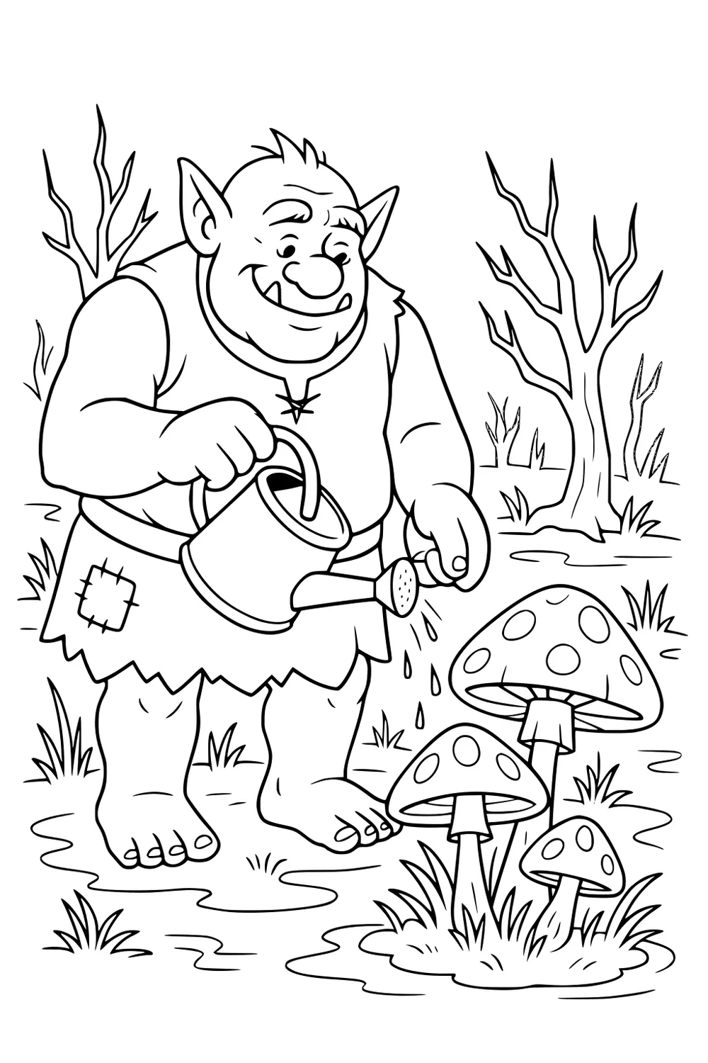 Smiling ogre waters spotted mushrooms with a can in a swampy forest, bare trees and puddles around, cartoon line art.