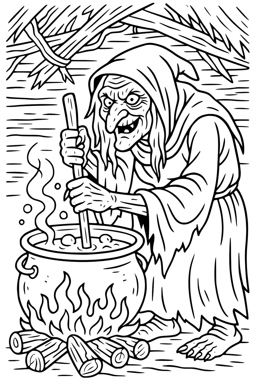 Old witch in a hood stirs a bubbling cauldron over a log fire, steam curls rising, wooden beams above, bare toes near the flames.
