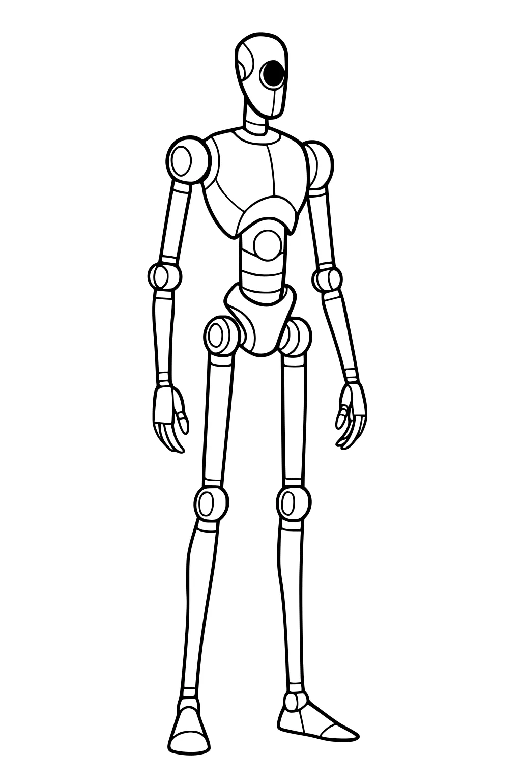 Slim humanoid robot with one large eye and round joints at shoulders, elbows, hips, and knees, standing in a simple line drawing.