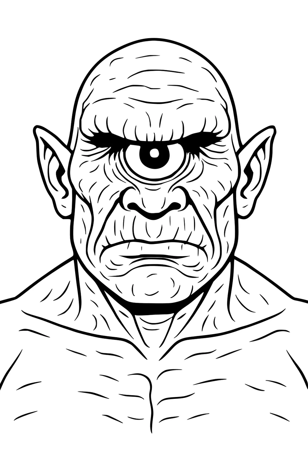 Line art of a one-eyed cyclops giant with a bald head, pointed ears, wrinkled face, and broad shoulders.