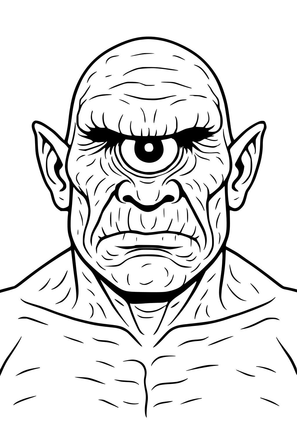 Line art of a one-eyed cyclops giant with a bald head, pointed ears, wrinkled face, and broad shoulders.