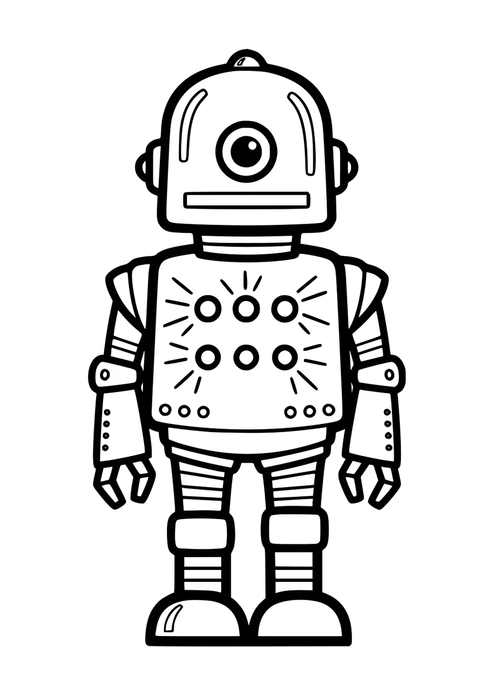 Cartoon robot with one large eye, six chest lights, claw hands, striped limbs, and big boots on a plain white background.