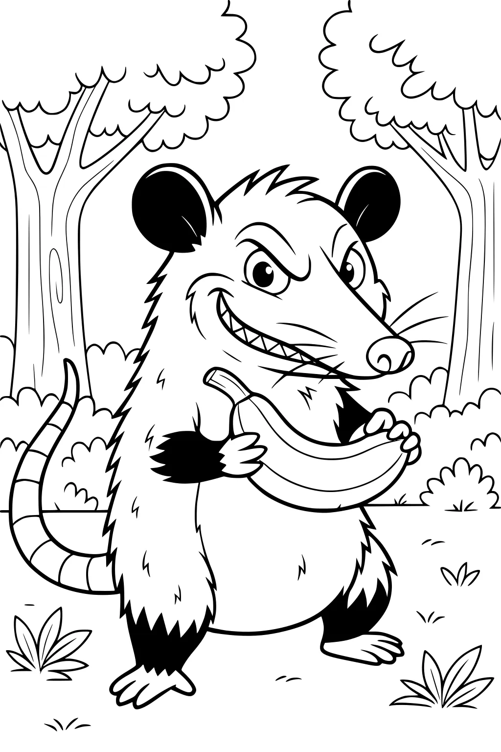 Cartoon opossum holding a banana with a big grin in a forest with tall trees and grass.