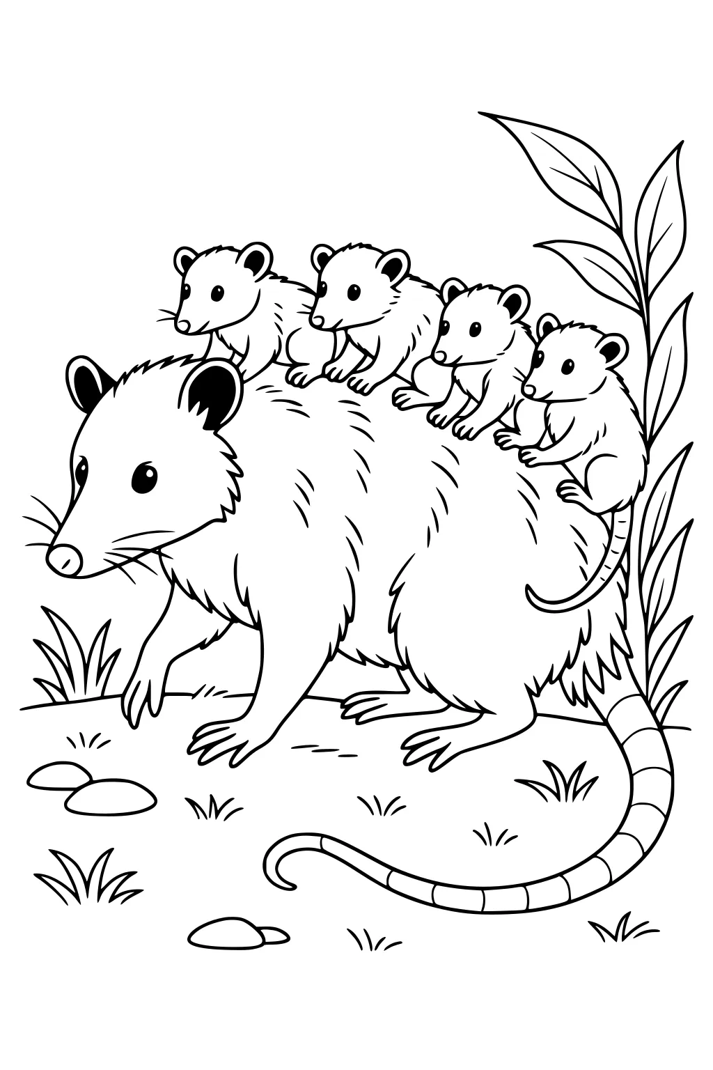 An adult opossum walks with five baby opossums riding on her back, surrounded by grass, rocks, and tall leafy plants.