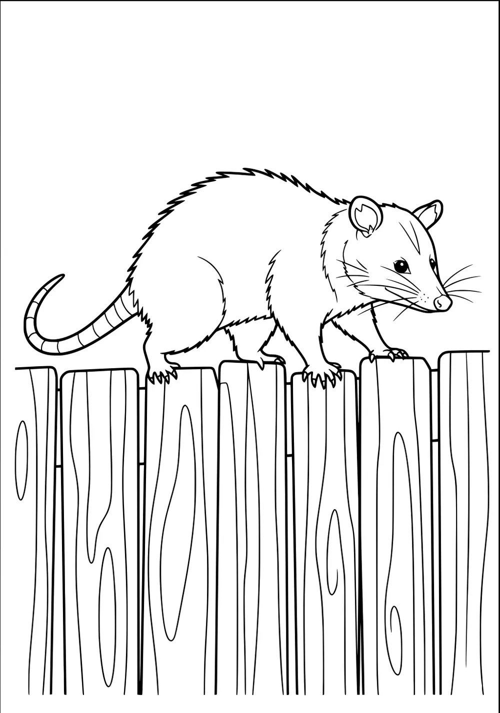 Opossum with whiskers and a striped tail walking along a wooden fence with visible wood grain patterns.