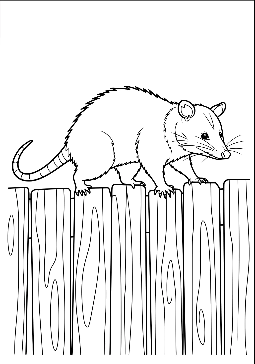 Opossum with whiskers and a striped tail walking along a wooden fence with visible wood grain patterns.