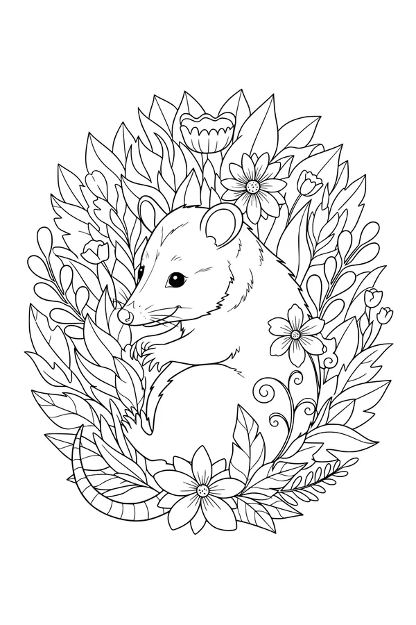 Sleepy Opossum in a Flower Forest