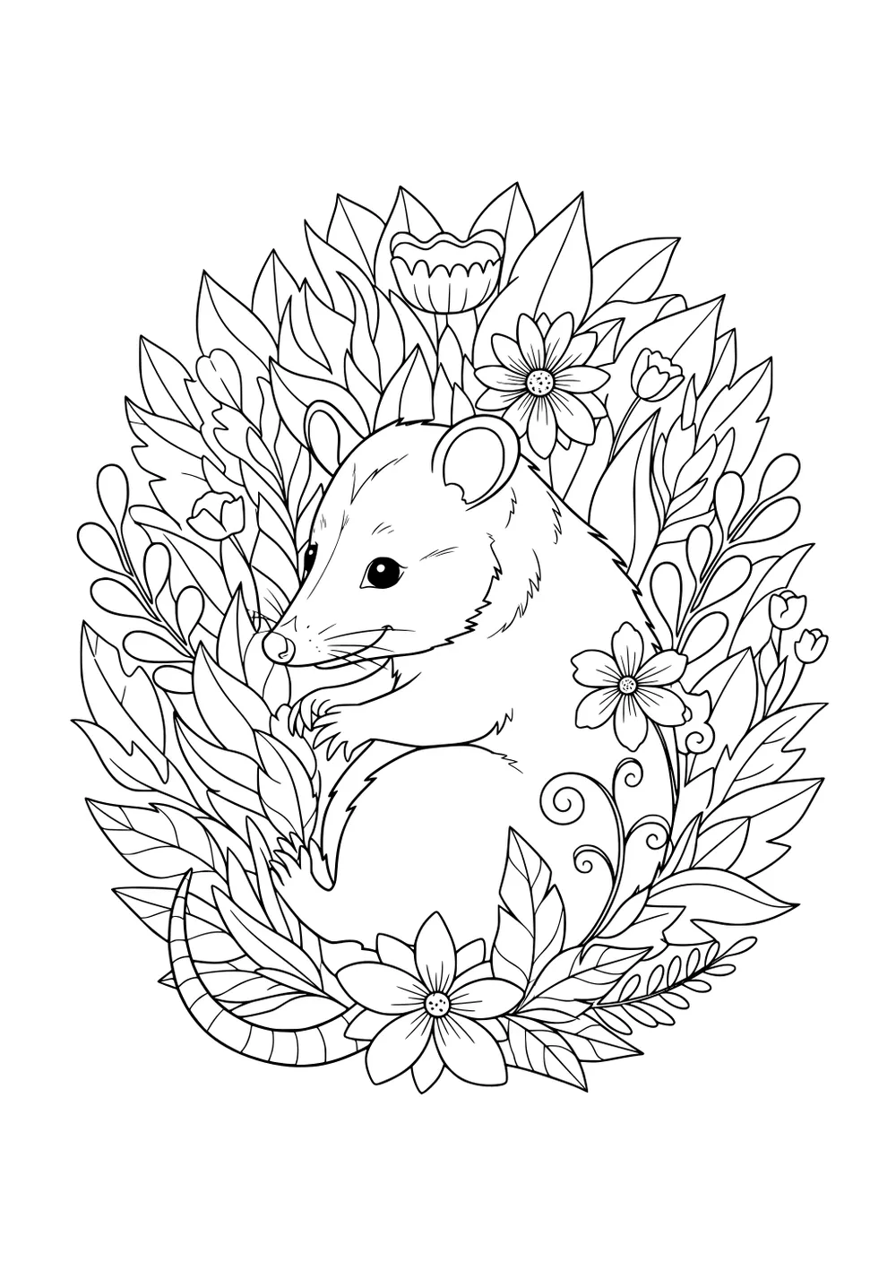 Opossum curled up in the center of detailed leaves, vines, and flowers with a gentle expression and twirling tail.