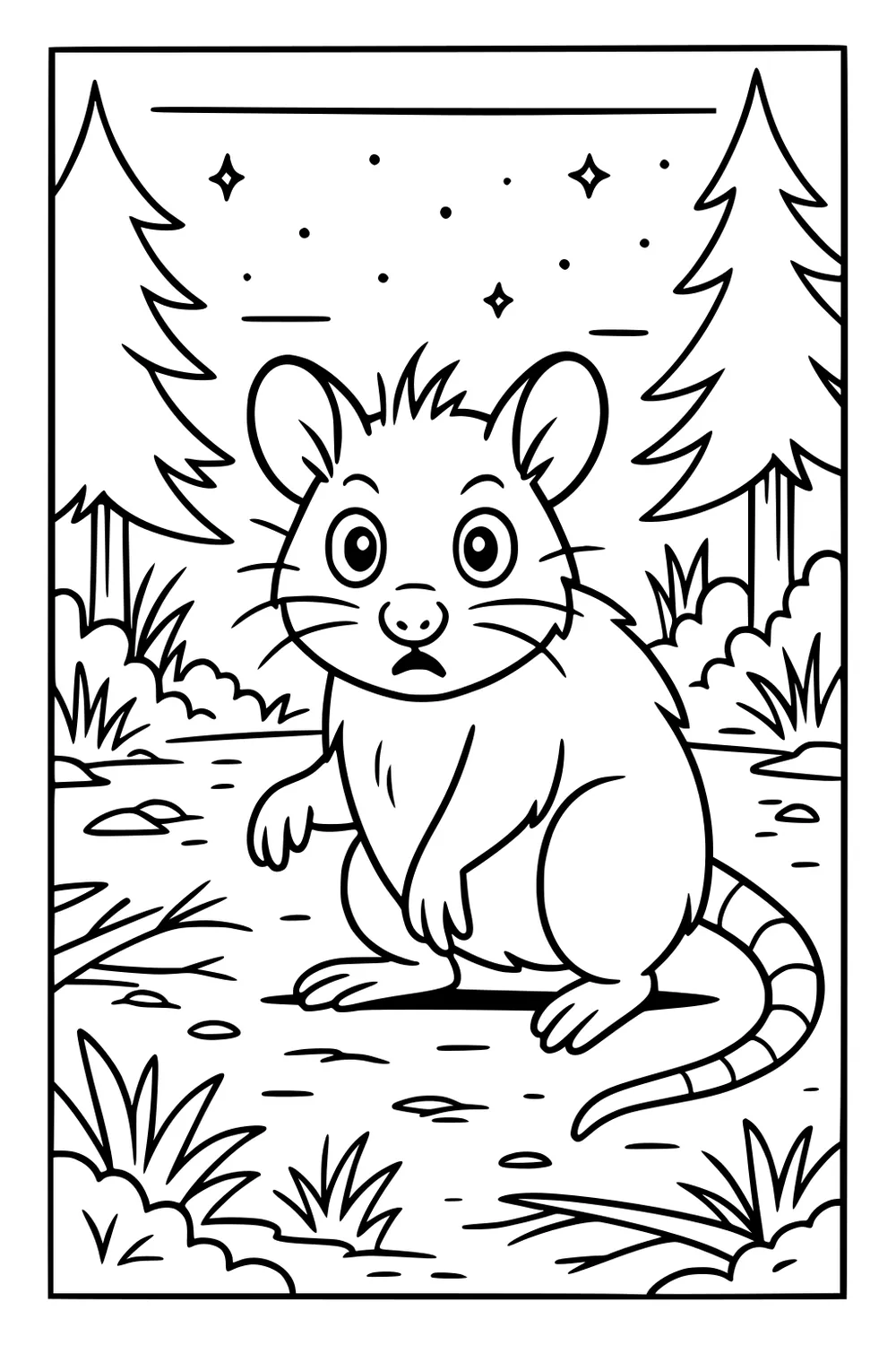 Opossum with big eyes sits on forest floor, surrounded by grass and pine trees under a night sky with stars.